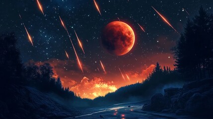 the sky is dark, the moon is very red. and there is a meteor shower.