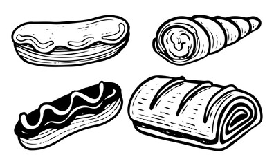 Set of sweet desserts hand drawn doodle. Eclair, roll, cake, cream tube. Baked biscuit snack. Confectionery food. Sugar pastry. Bakery product. Vector outline line art illustration.
