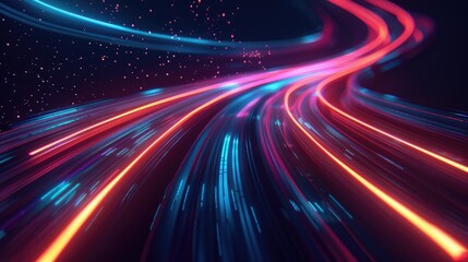 Digital Abstract background with neon light lines on black, glowing speed path in space, night cityscape. Futuristic illuminated road for design and print, dark blue orange red pink purple color