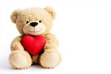 Obraz premium soft plush teddy bear sits holding a red heart on its lap against a plain white background symbolizing love and affection