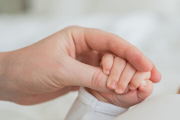 Happy family. Tiny newborn infant baby little hand on mother hand palm. Newborn baby holding parent...
