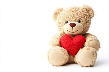 Obraz premium plush teddy bear holding a bright red heart on a white background portraying warmth and affection
