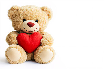 Obraz premium teddy bear holding a red heart, seated against a white background, symbolizing love and care