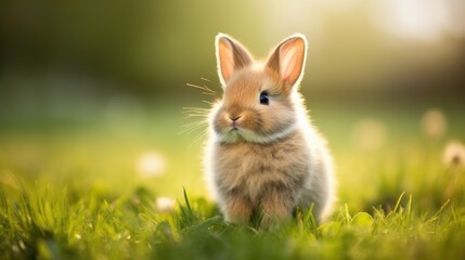 Furry Domestic Rabbit Among Grass in Springtime