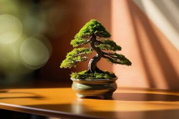 A vibrant bonsai with green leaves and neatly curved branches, symbolizing the harmony and beauty of nature in miniature