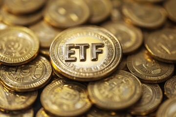 Gold ETF coin among stacked golden coins