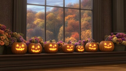 Obraz premium Carved pumpkins with glowing faces sit on a windowsill in a cozy Halloween-decorated room, while vibrant autumn foliage is visible through the bay window