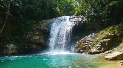 Fototapeta premium Scenic Southeast Asian waterfall in a tropical jungle, crystal-clear pool below, no people