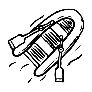 recommend clip art: Rubber boat with oars hand drawn doodle. Inflatable ship without motor for fishing. Rest on lake. Swimming on river. Water activities in camp. Vector outline line art illustration.