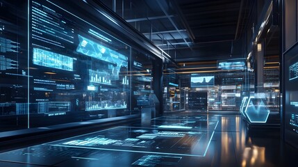 Futuristic Technology-Driven Market Trading Floor with Transparent Holographic Screens