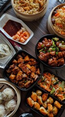 Obraz premium A table full of Chinese food, including dumplings, noodles, and vegetables