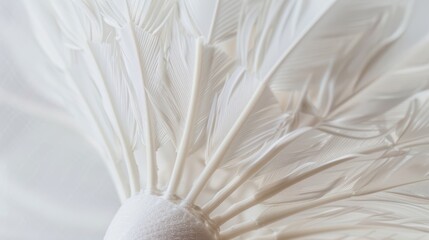 Close up of a shuttlecock showing the pattern of its white feathers
