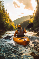 A kayaker rafting struggling with water splashes in boat in rapid river in mountain