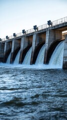 Water flows powerfully from the large spillways of a hydropower station, demonstrating energy production during high water levels
