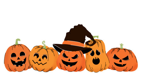 Set of pumpkins. Sinister elements. Halloween. Background. Hand drawn. Trendy doodle style. Vector. Horror. Ghost. Autumn. October 31. Saints' Day. Stickers and icons. Jack o lantern. Template for web