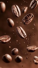Coffee beans are gracefully falling through the air on a brown background