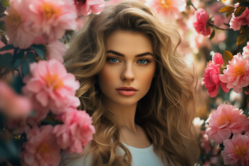 Fototapeta premium AI generated photo image of woman in the fields among the flowers