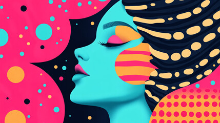 Vibrant abstract portrait featuring a woman's face with colorful patterns and contrasting hues, evoking creativity and energy.