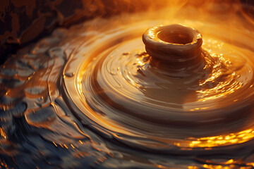 AI generated picture of hands working on a pottery wheel sculpting mug with ceramic clay