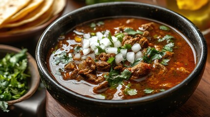 A hearty bowl of Birria soup with a deep, rich broth, served with a side of tortillas, onions, and cilantro. -