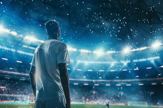 Soccer Player Standing on a Rainy Stadium Field