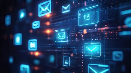 Abstract digital communication interface with floating icons representing messages, calls, and data transfer, set against a futuristic background.