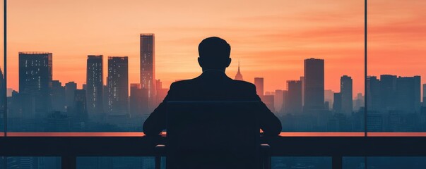 Dawn breaking over a sleek city skyline, with an office silhouette in the foreground, representing new beginnings and a productive start to the week