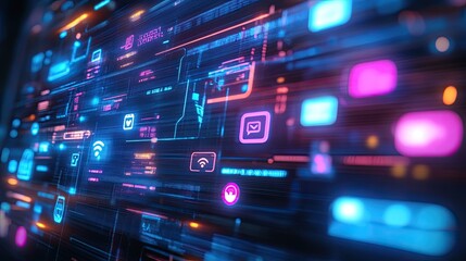 Fototapeta premium Communication technology concept with a holographic interface displaying social media icons and real-time messaging on a digital screen.