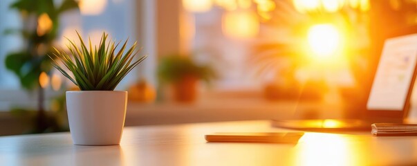 Gentle morning light streaming into a modern office, highlighting the start of a productive day, peaceful yet energizing, beginning of the week