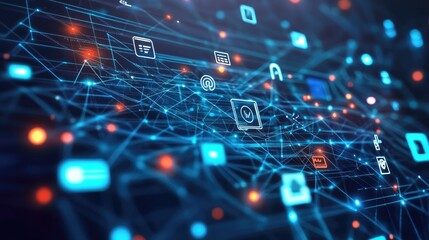 Digital communication ecosystem with interconnected devices, social media platforms, and instant messaging icons, highlighting the modern age of connectivity.