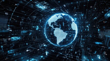 Global communication concept with a 3D hologram of Earth, surrounded by digital devices and data streams representing worldwide connectivity.