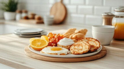 Healthy breakfast spread on a kitchen counter with morning sunlight, symbolizing a fresh start to the day, ready to tackle Monday tasks