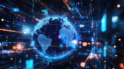 Obraz premium Global communication concept with a 3D hologram of Earth, surrounded by digital devices and data streams representing worldwide connectivity.