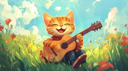 A cartoon cat playing the guitar, singing joyfully in a colorful meadow.