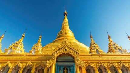 Fototapeta premium Golden pagoda of Shwedagon in Yangon, Myanmar, under a clear blue sky. No people, copy space.