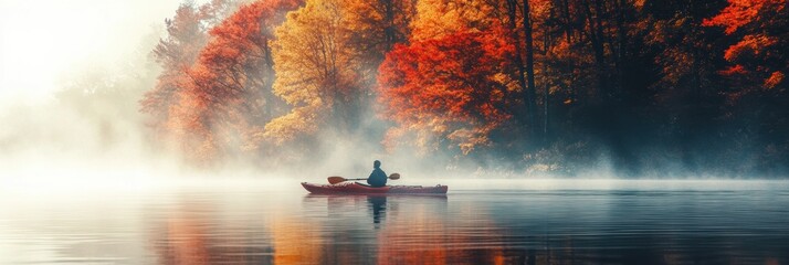 Fototapeta premium A person kayaking in water with colorful Autumn foliage woods