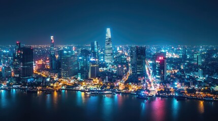 Fototapeta premium Iconic skyline of Ho Chi Minh City, Vietnam, at night with bright lights. No people, copy space.