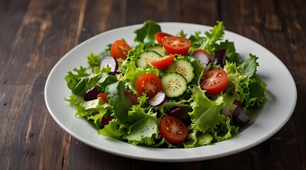 Green salad with fresh leaves and vegetables in white plat.generative.ai