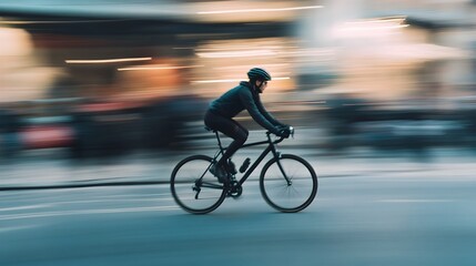 Blurred Cyclist Riding Bicycle at High Speed in City Street