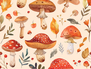 Aquatic background of forest mushrooms and autumn plants.