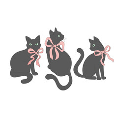 Cute black cat vector clip-art set isolated on white. Coquette Halloween illustration.
