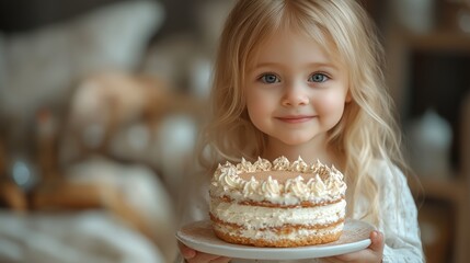 A close-up shot of child presenting a homemade birthday cake with cream frosting.