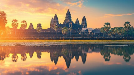Fototapeta premium Majestic Angkor Wat temple at sunrise with reflection in the water. No people, copy space.