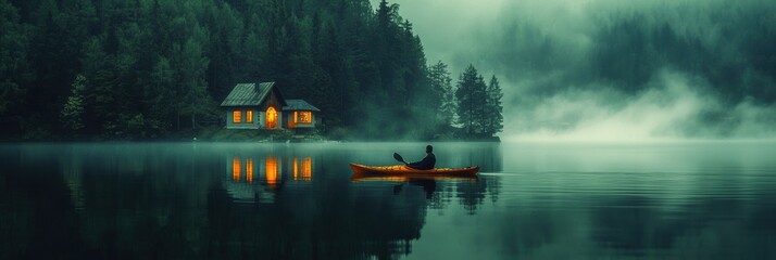 Fototapeta premium A man kayaking in still lake water with forest and lake house