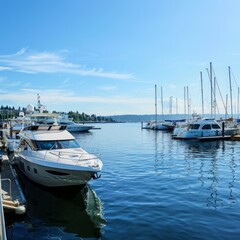Fototapeta premium boat, yacht, sea, water, boats, luxury, harbor, ship, marina, port, sailing, travel, nautical, ocean, dock, sky, vessel, summer, yachts, sailboat, vacation, pier, sail, harbour, motorboat, seattle, wa