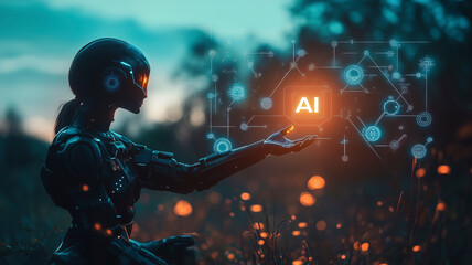 A futuristic robot with a sleek design sits confidently, extending one hand towards a glowing "AI" icon surrounded by various technological symbols