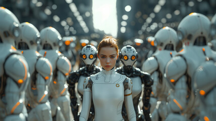 A trio in a corporate setting, with a human executive in the middle, looking composed and confident, while on either side, two robots dressed in suits display animated yet mechanical faces