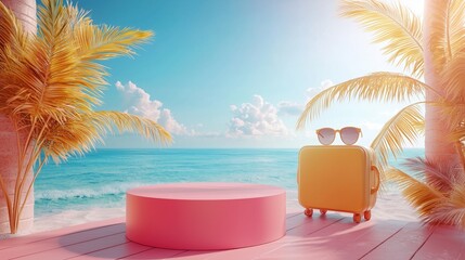 Obraz premium Pink colored podium with suitcase and a pair of sunglasses on it on a beach background 