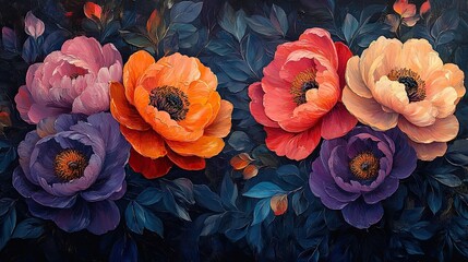 Vibrant abstract painting featuring large peony flowers orange, red, and purple flowers with deep green leaves against a dark, moody background.