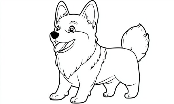 A line drawing of a cute corgi dog with a happy expression and tongue sticking out, standing in a playful pose.